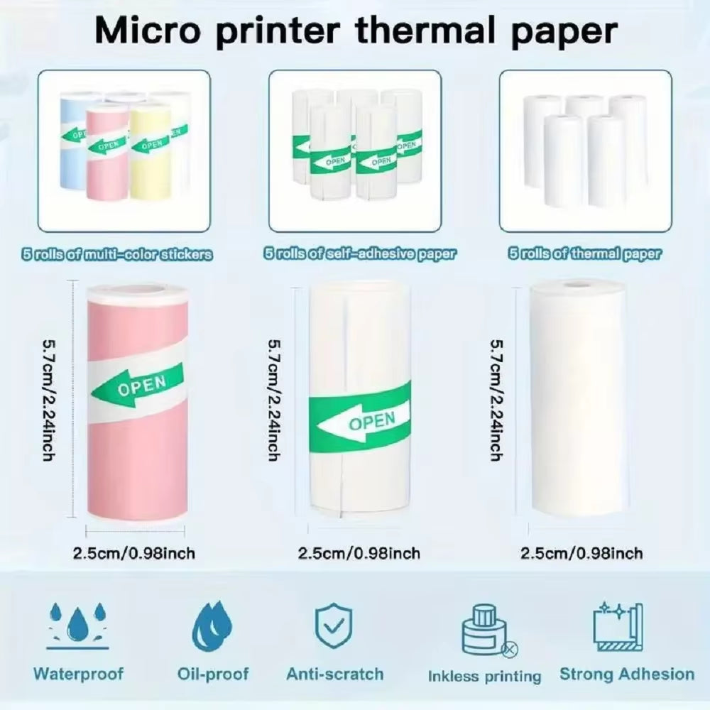 Mini Printer Paper Refill Roll Thermal Paper Printable Sticker Paper for Pocket Wireless Printer for Study Notes Work Photos