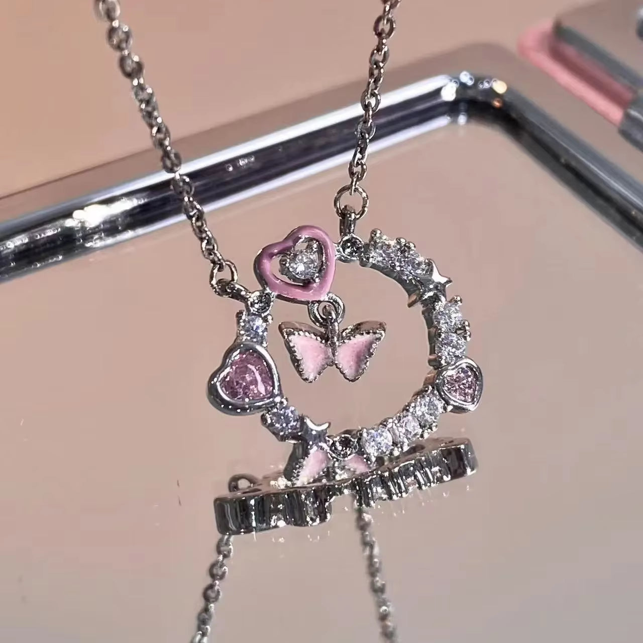 New Trend Pink Heart Zircon Necklaces Women Charm Aesthetic Clavicle Chain Pendent Necklace Party Jewelry Gifts Wholesale