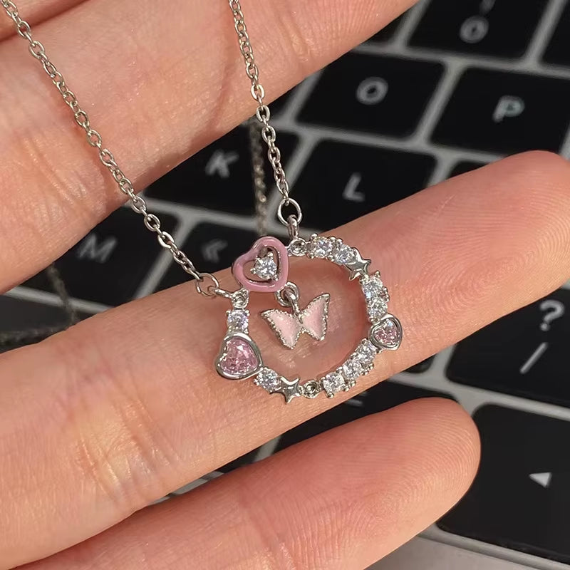 New Trend Pink Heart Zircon Necklaces Women Charm Aesthetic Clavicle Chain Pendent Necklace Party Jewelry Gifts Wholesale
