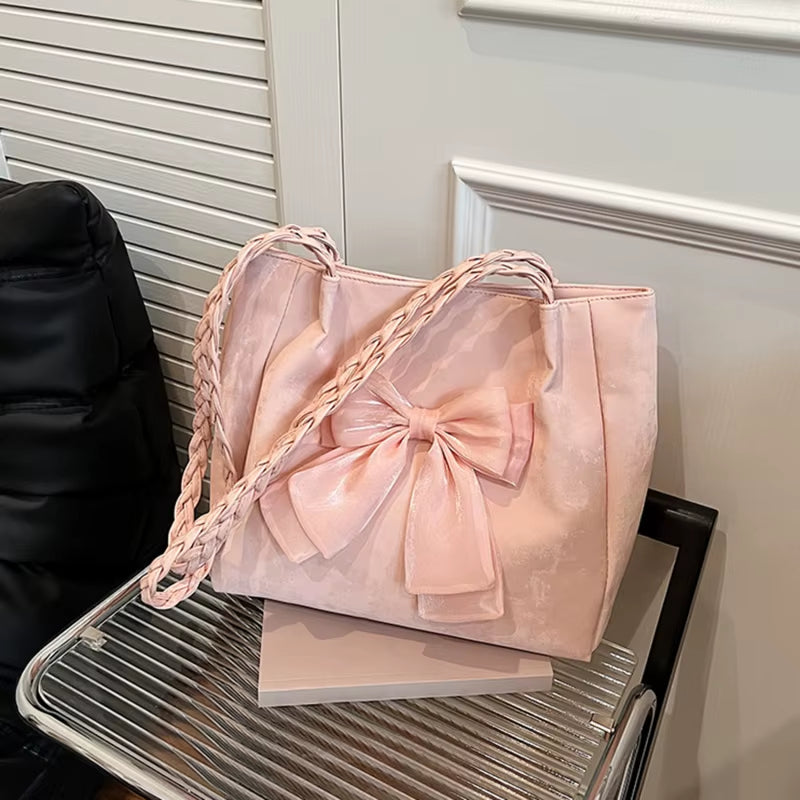 Women'S Shoulder Bag with Bows Versatile Casual Hand-Held Tote Bag Women'S Bag Simple Spacious Trendy Crossbody Bag Commuter Bag