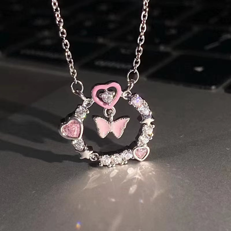New Trend Pink Heart Zircon Necklaces Women Charm Aesthetic Clavicle Chain Pendent Necklace Party Jewelry Gifts Wholesale