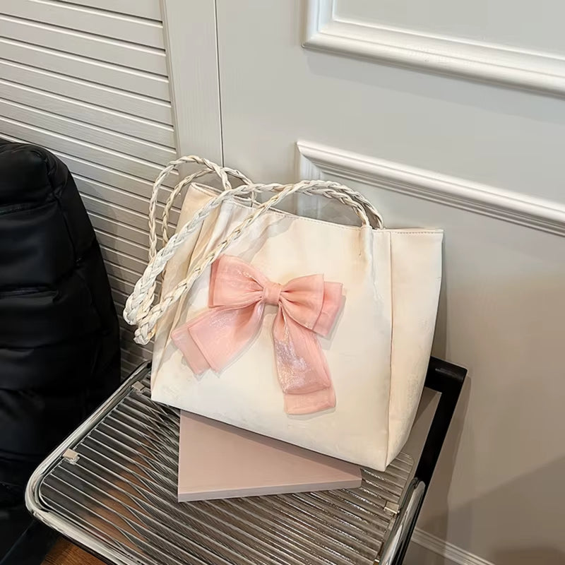 Women'S Shoulder Bag with Bows Versatile Casual Hand-Held Tote Bag Women'S Bag Simple Spacious Trendy Crossbody Bag Commuter Bag