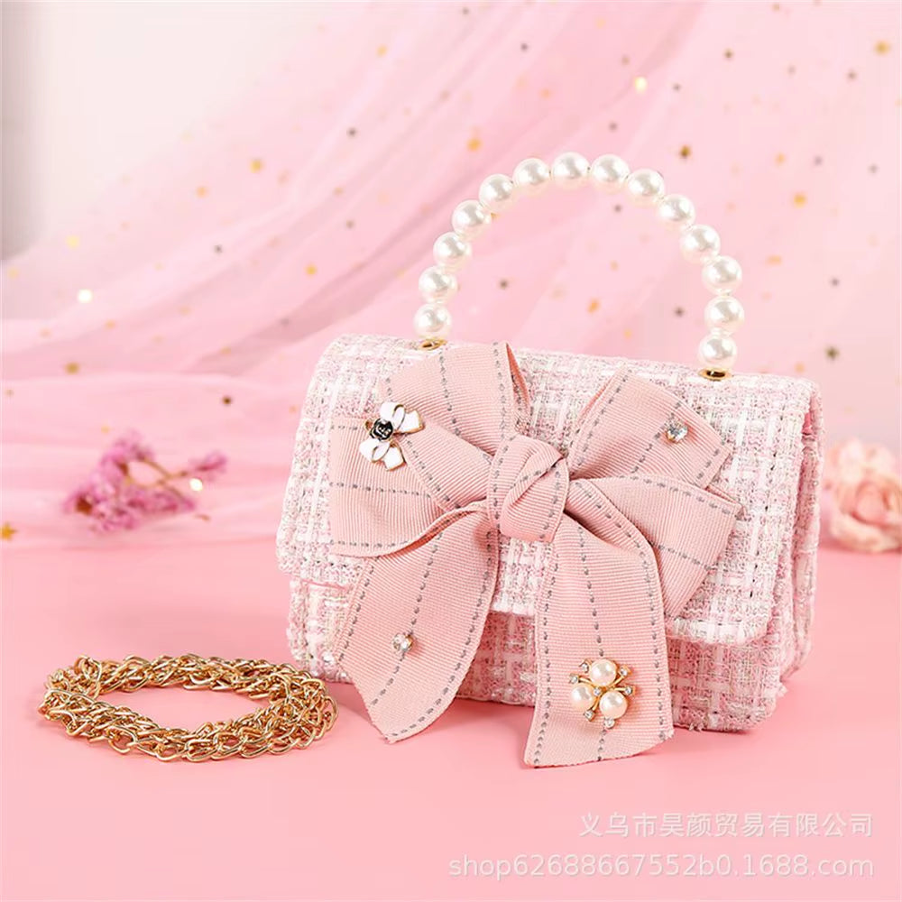 New Fashion Mini Korean Handbags Kids Purses Bow-Knot Crossbody Cute Pearl Hand Bags Tote Little Girl Small Party Coin Pouch