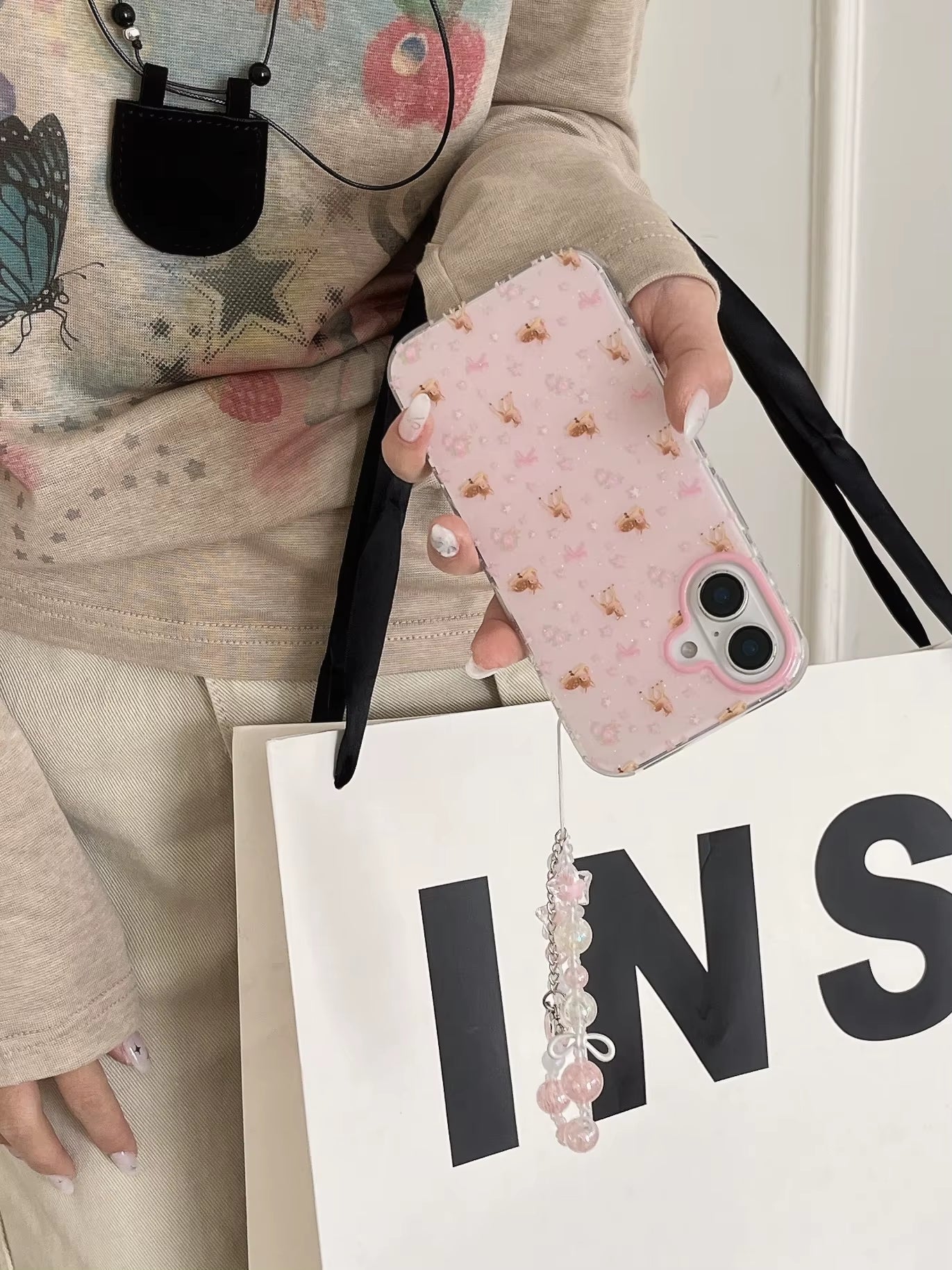Ins Full Screen Cartoon Cute Glitter Pink Star Deer Bead Bracelet Phone Case for Iphone 16 15 14 13 Pro Max Back Cover Funda