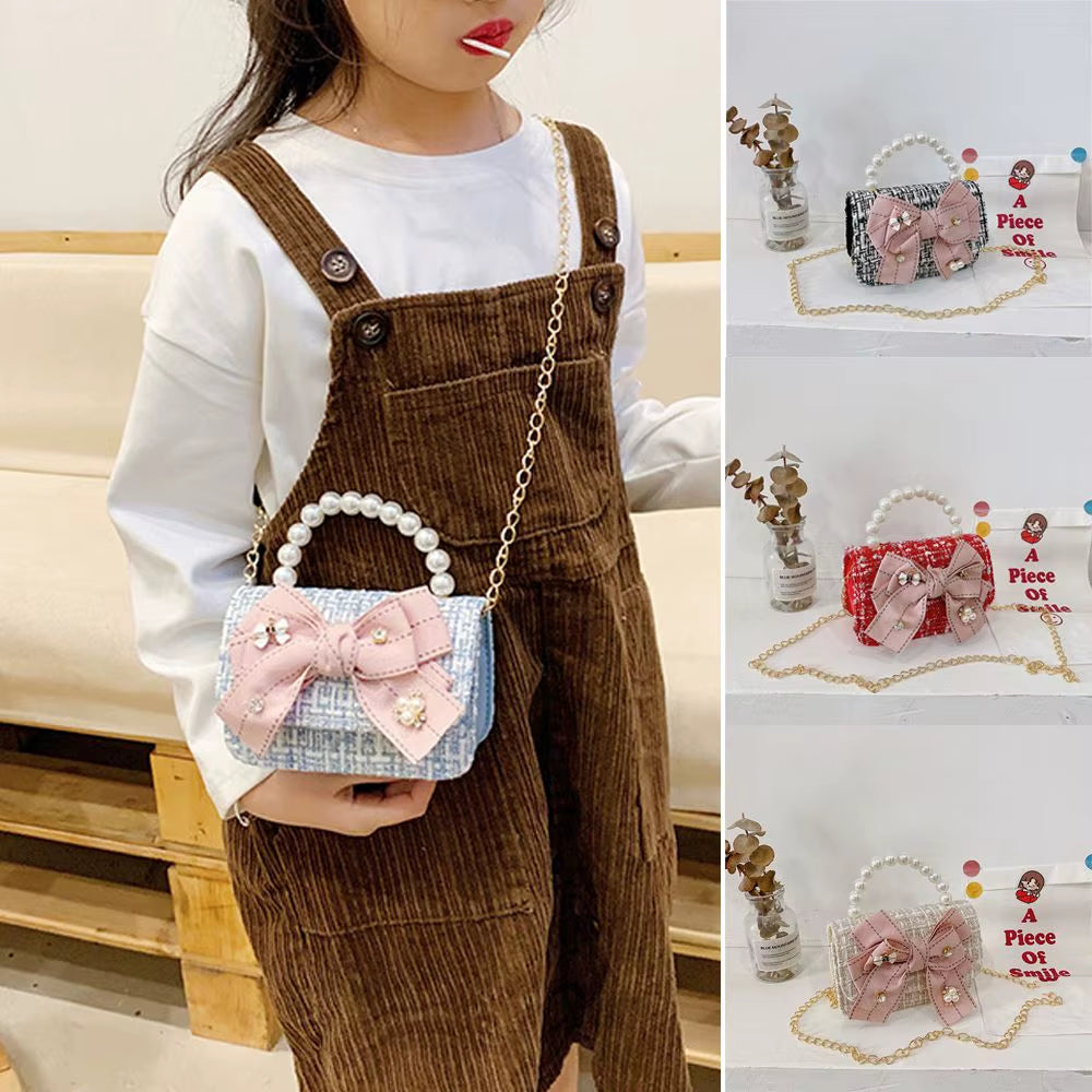 New Fashion Mini Korean Handbags Kids Purses Bow-Knot Crossbody Cute Pearl Hand Bags Tote Little Girl Small Party Coin Pouch