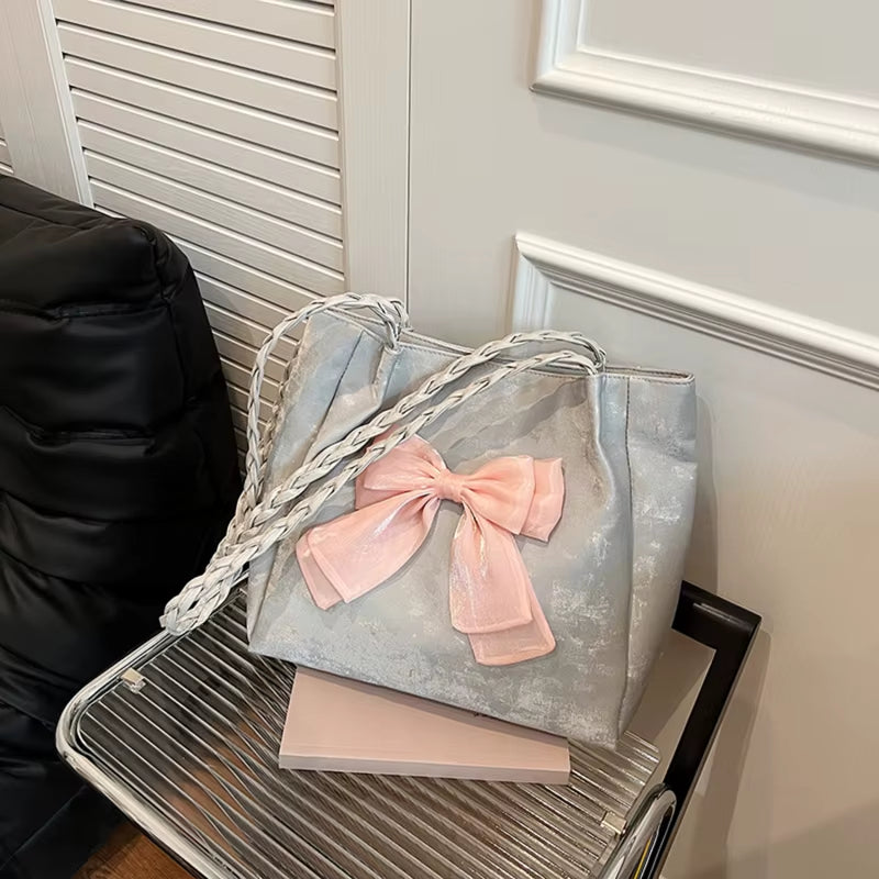 Women'S Shoulder Bag with Bows Versatile Casual Hand-Held Tote Bag Women'S Bag Simple Spacious Trendy Crossbody Bag Commuter Bag