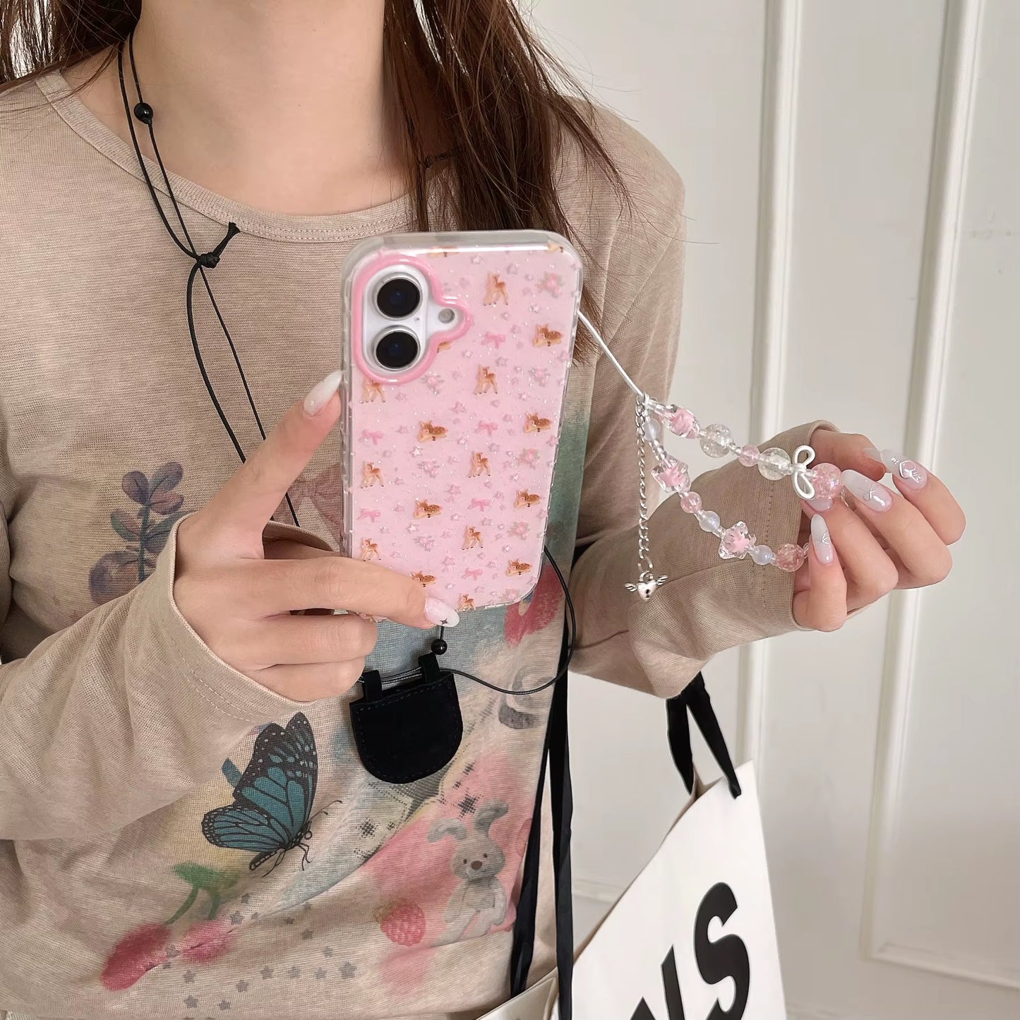 Ins Full Screen Cartoon Cute Glitter Pink Star Deer Bead Bracelet Phone Case for Iphone 16 15 14 13 Pro Max Back Cover Funda
