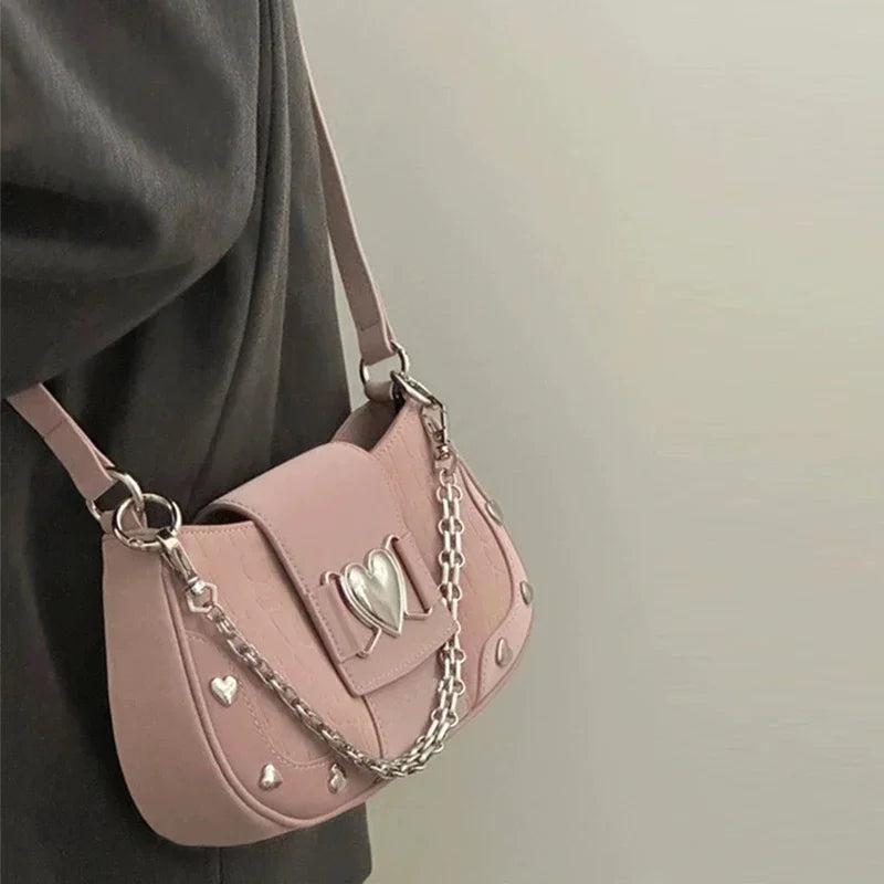 Woman'S Bags Pink Single Shoulder Bag Metal Chain Heart Decoration Y2K Style Underarm Bag Loveliness Lady Fashion Handbags