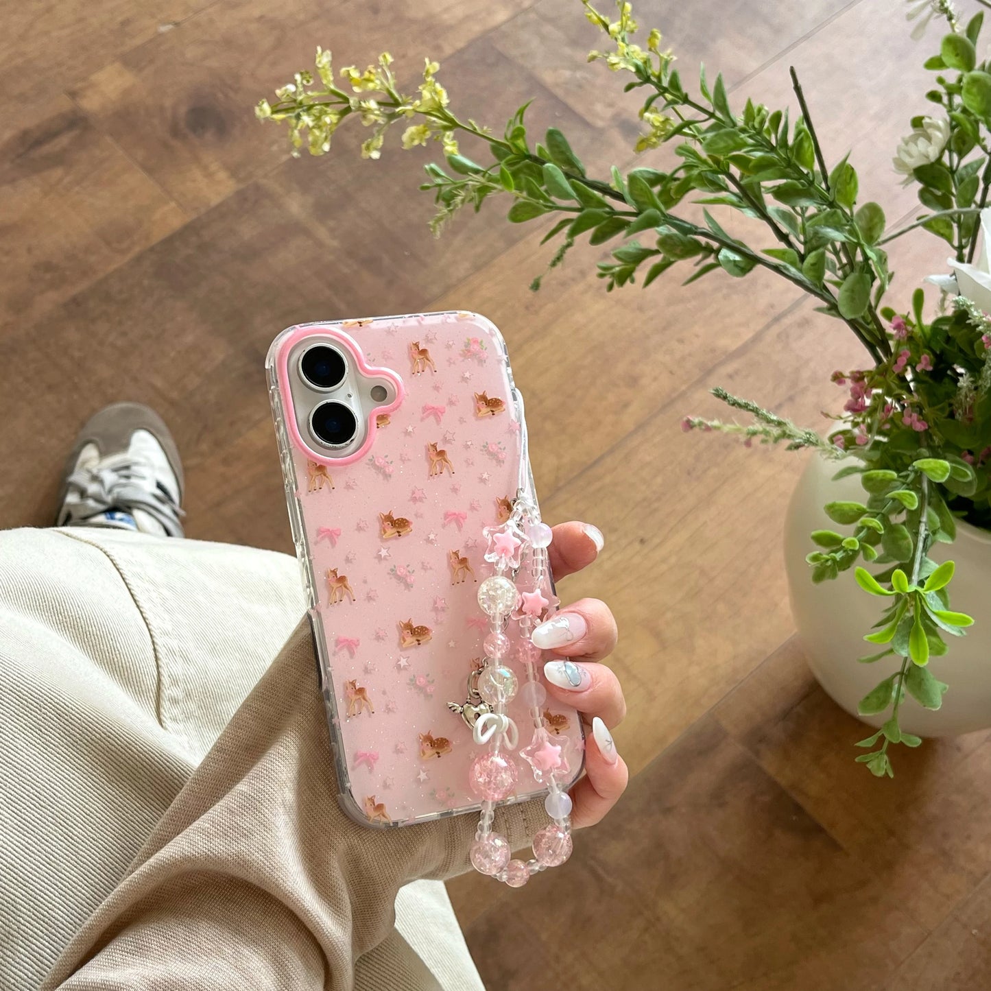 Ins Full Screen Cartoon Cute Glitter Pink Star Deer Bead Bracelet Phone Case for Iphone 16 15 14 13 Pro Max Back Cover Funda