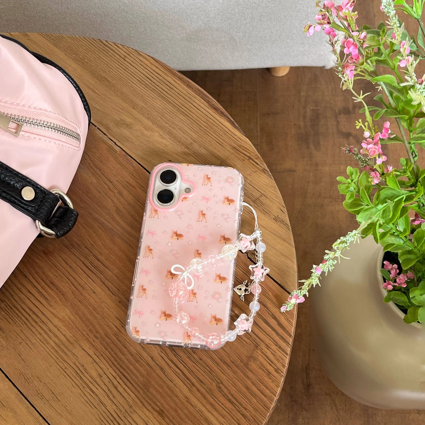 Ins Full Screen Cartoon Cute Glitter Pink Star Deer Bead Bracelet Phone Case for Iphone 16 15 14 13 Pro Max Back Cover Funda