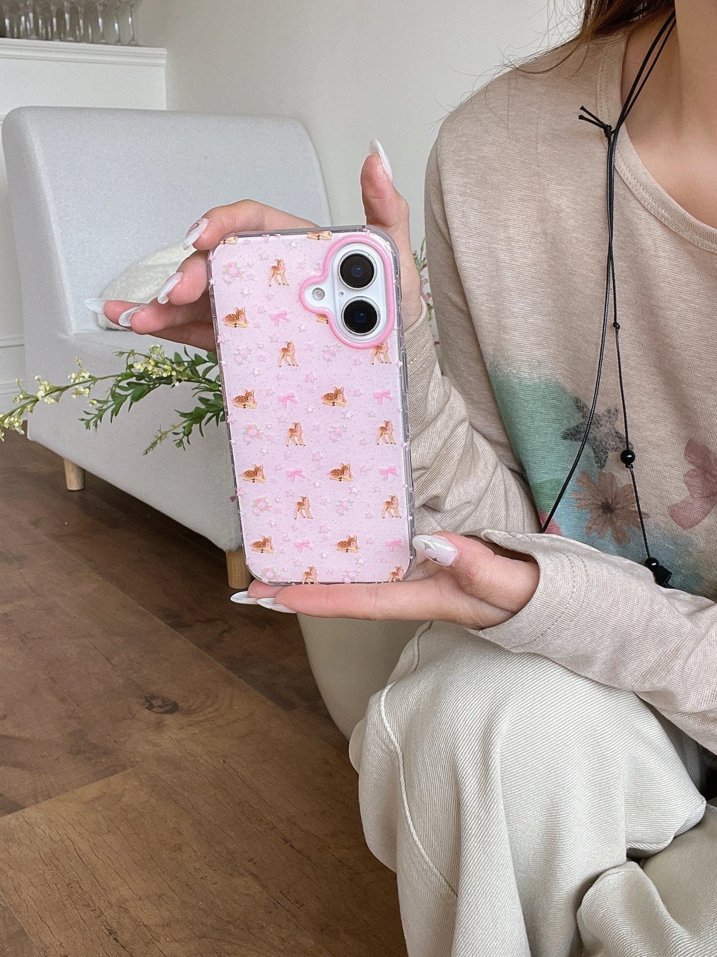 Ins Full Screen Cartoon Cute Glitter Pink Star Deer Bead Bracelet Phone Case for Iphone 16 15 14 13 Pro Max Back Cover Funda