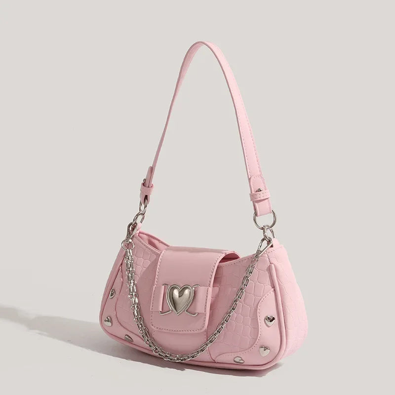 Woman'S Bags Pink Single Shoulder Bag Metal Chain Heart Decoration Y2K Style Underarm Bag Loveliness Lady Fashion Handbags