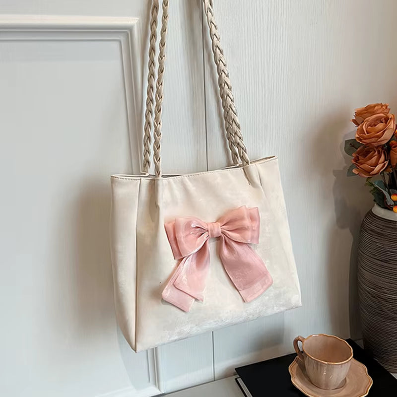 Women'S Shoulder Bag with Bows Versatile Casual Hand-Held Tote Bag Women'S Bag Simple Spacious Trendy Crossbody Bag Commuter Bag