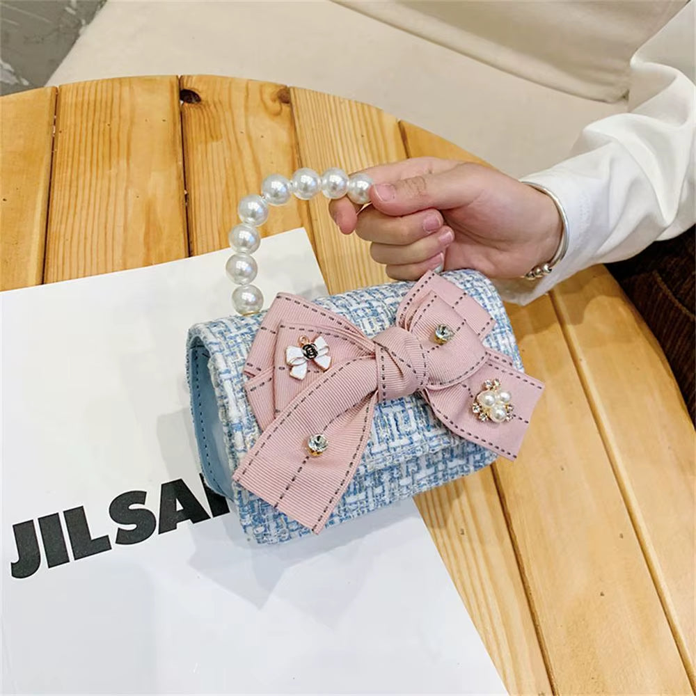 New Fashion Mini Korean Handbags Kids Purses Bow-Knot Crossbody Cute Pearl Hand Bags Tote Little Girl Small Party Coin Pouch