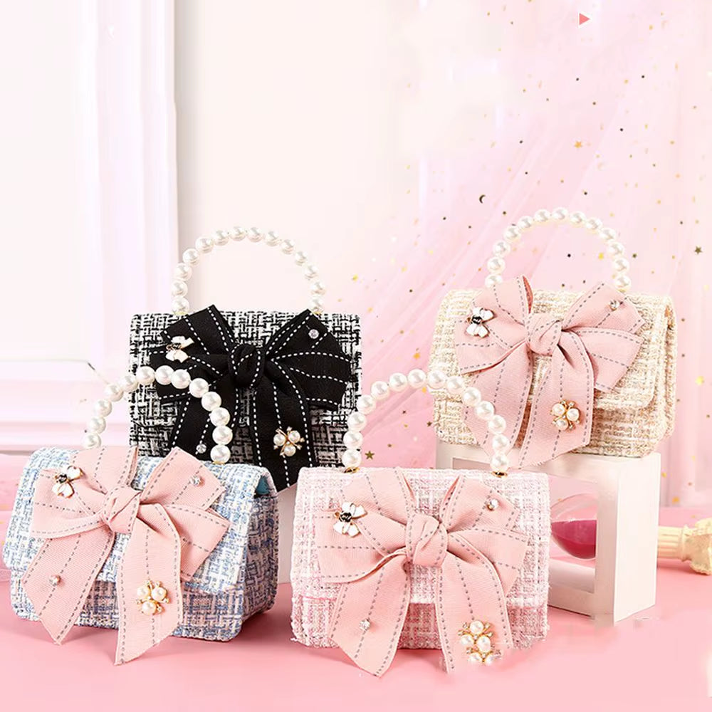 New Fashion Mini Korean Handbags Kids Purses Bow-Knot Crossbody Cute Pearl Hand Bags Tote Little Girl Small Party Coin Pouch