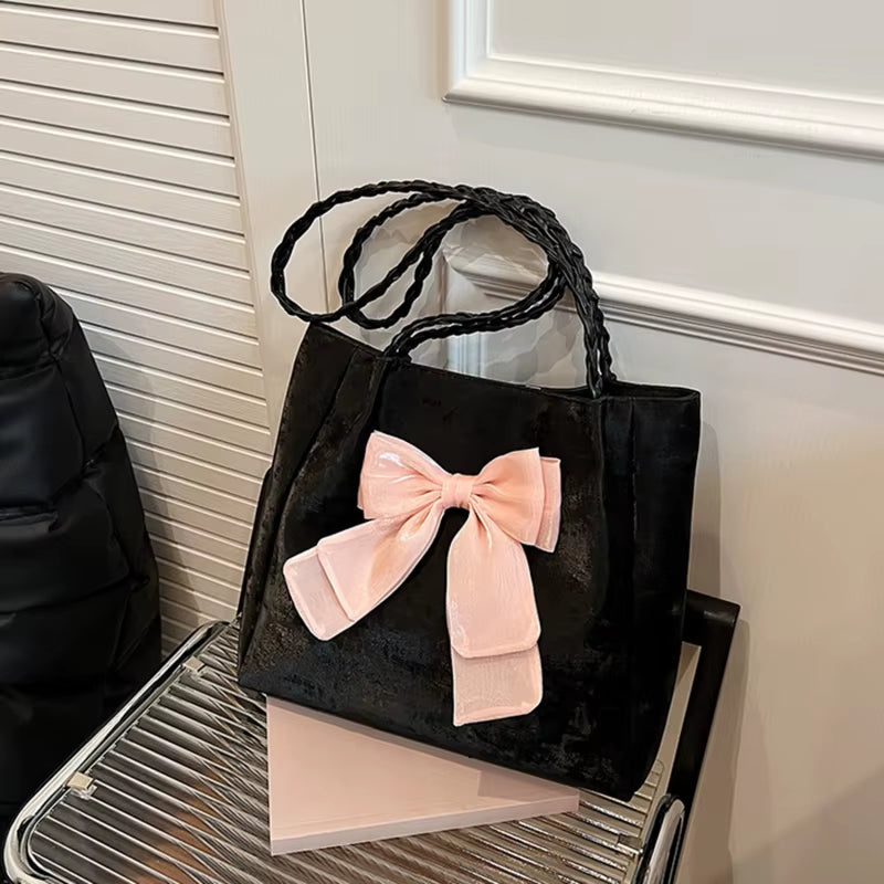 Women'S Shoulder Bag with Bows Versatile Casual Hand-Held Tote Bag Women'S Bag Simple Spacious Trendy Crossbody Bag Commuter Bag