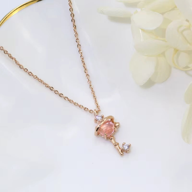 Pink Planet Meteor Shower Key Pendant Necklace Tiny Rose Gold Color Clavicle Chain Collar for Women Friendship Jewelry