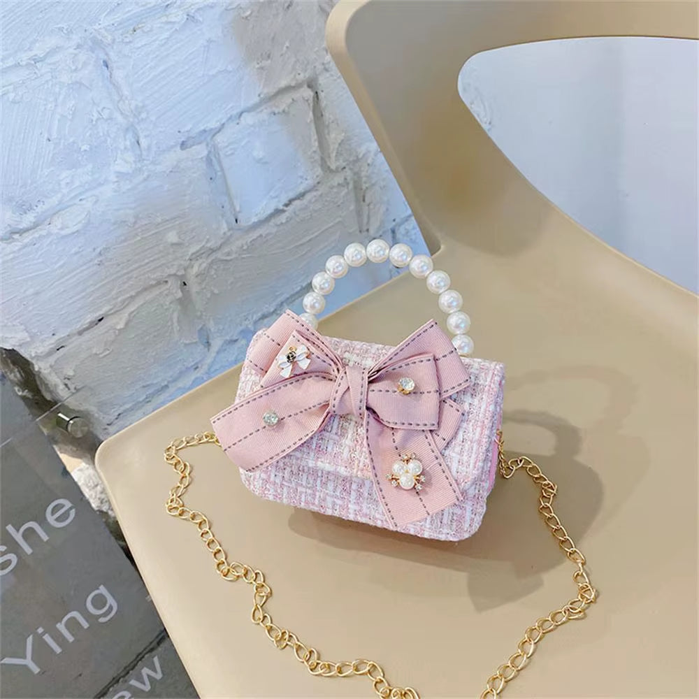 New Fashion Mini Korean Handbags Kids Purses Bow-Knot Crossbody Cute Pearl Hand Bags Tote Little Girl Small Party Coin Pouch