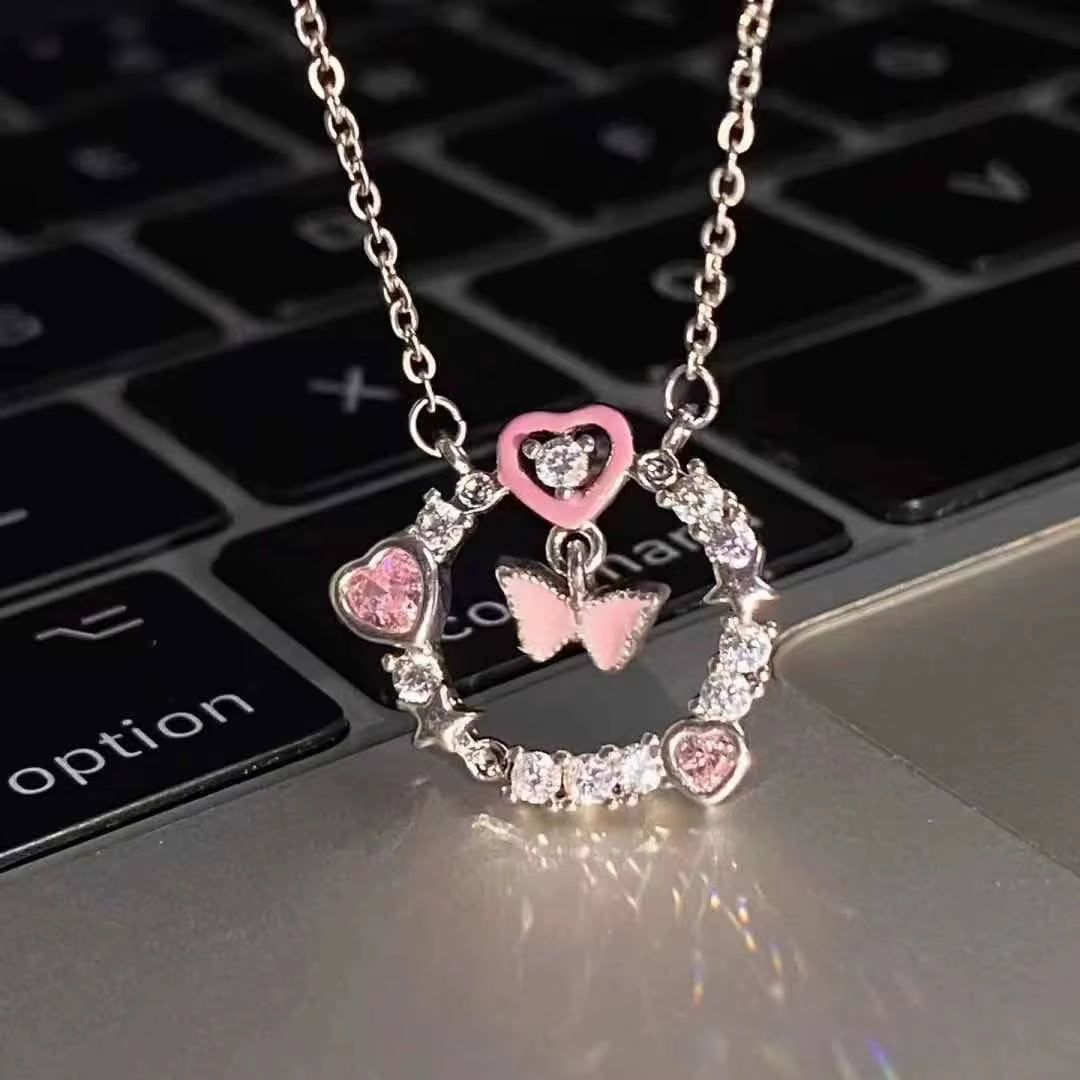 New Trend Pink Heart Zircon Necklaces Women Charm Aesthetic Clavicle Chain Pendent Necklace Party Jewelry Gifts Wholesale