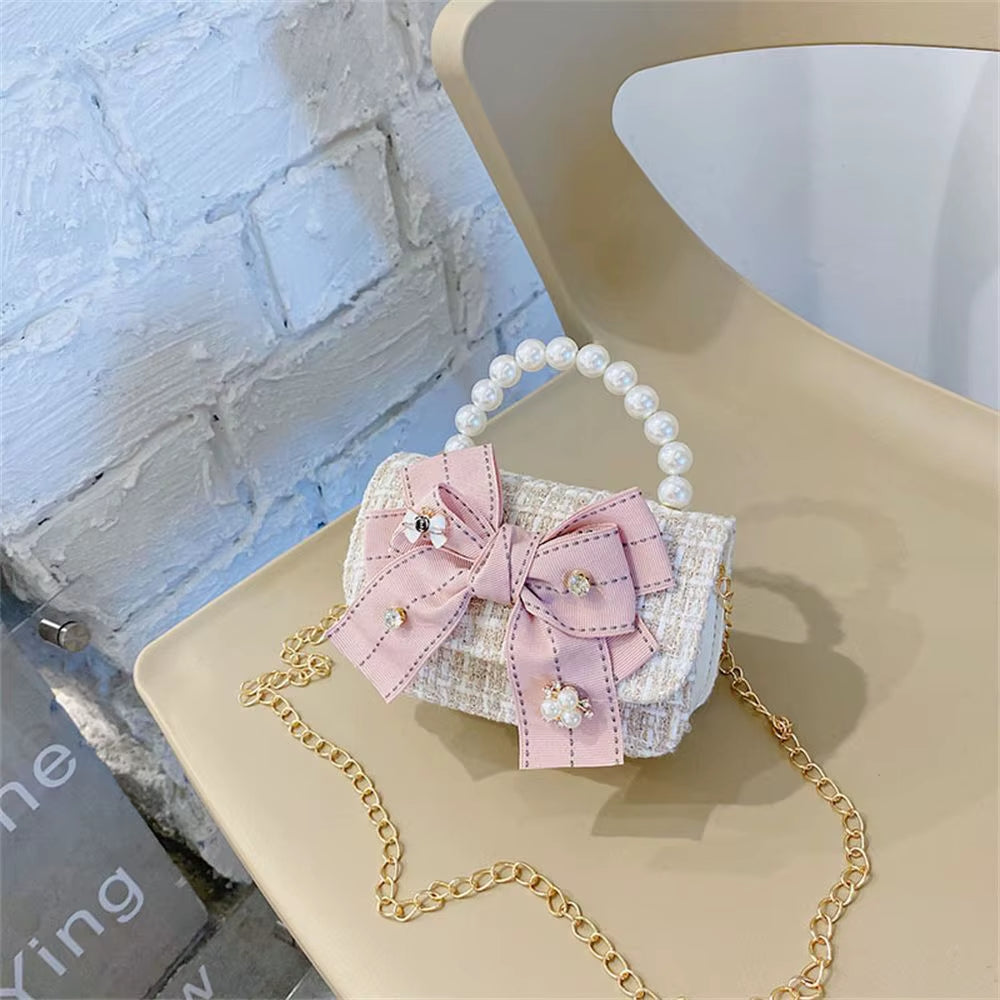 New Fashion Mini Korean Handbags Kids Purses Bow-Knot Crossbody Cute Pearl Hand Bags Tote Little Girl Small Party Coin Pouch