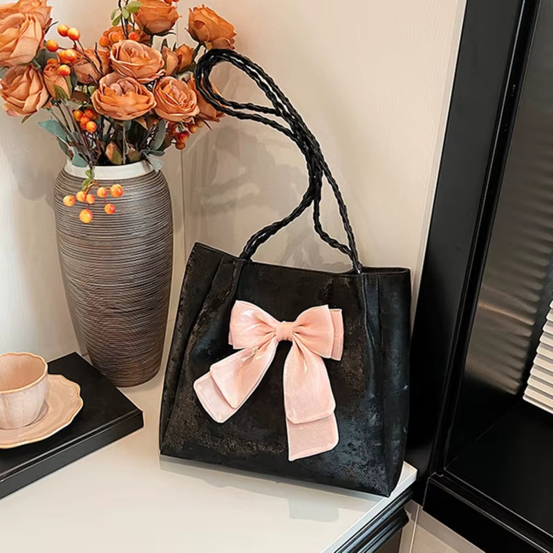 Women'S Shoulder Bag with Bows Versatile Casual Hand-Held Tote Bag Women'S Bag Simple Spacious Trendy Crossbody Bag Commuter Bag