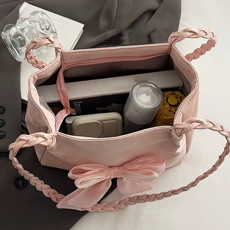 Women'S Shoulder Bag with Bows Versatile Casual Hand-Held Tote Bag Women'S Bag Simple Spacious Trendy Crossbody Bag Commuter Bag