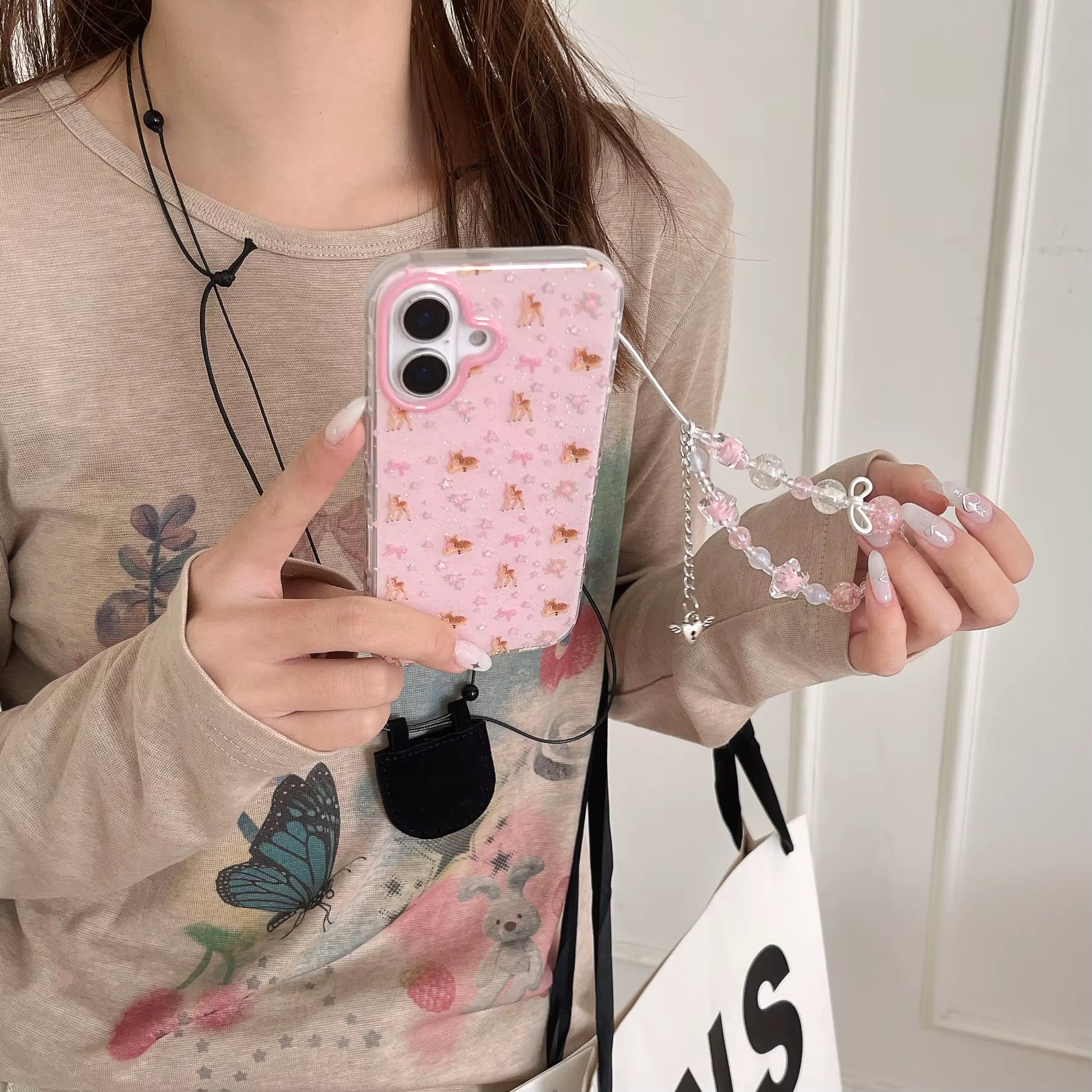 Ins Full Screen Cartoon Cute Glitter Pink Star Deer Bead Bracelet Phone Case for Iphone 16 15 14 13 Pro Max Back Cover Funda