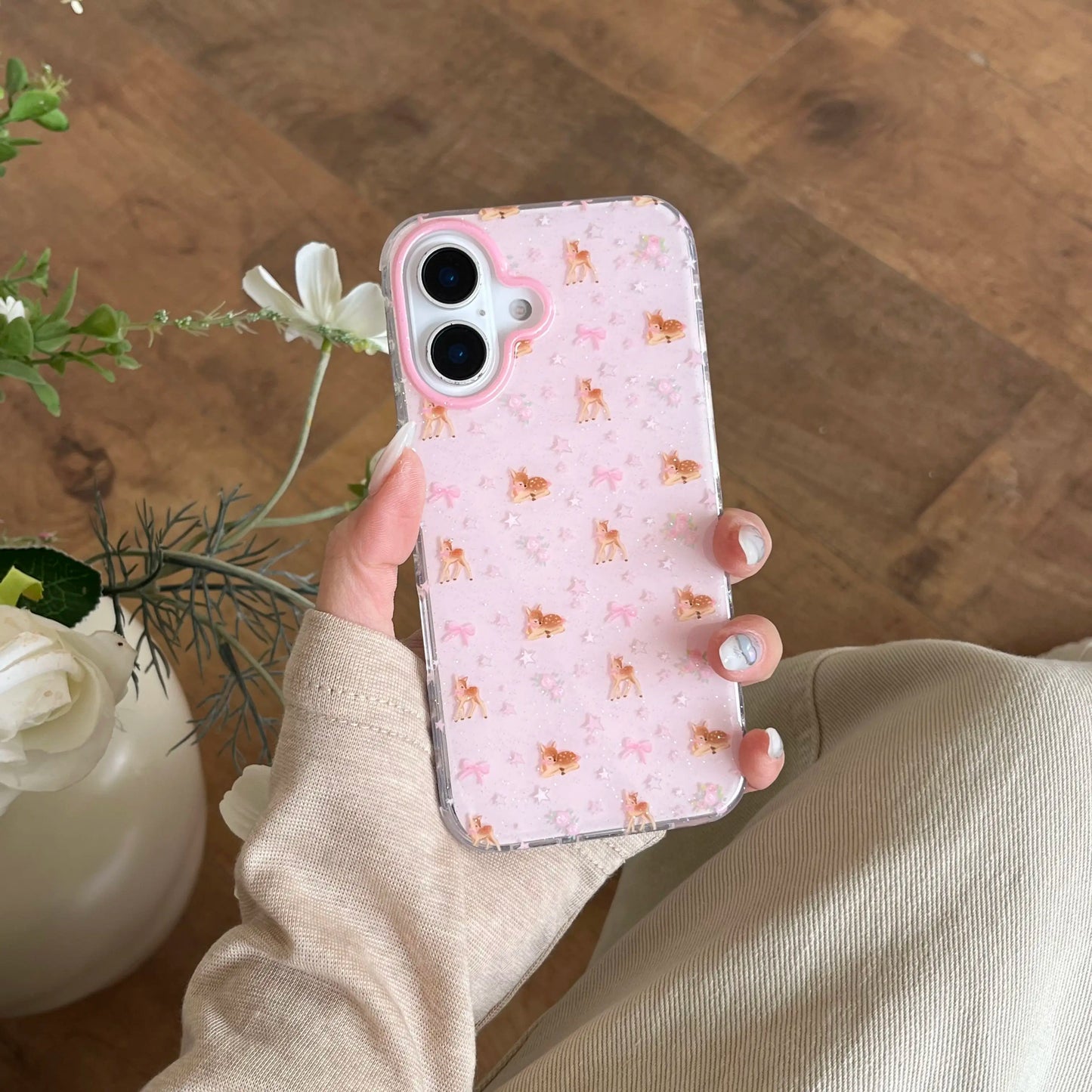 Ins Full Screen Cartoon Cute Glitter Pink Star Deer Bead Bracelet Phone Case for Iphone 16 15 14 13 Pro Max Back Cover Funda