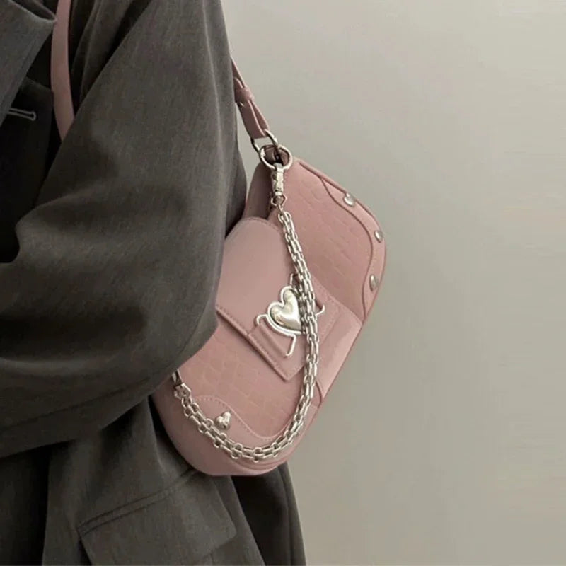 Woman'S Bags Pink Single Shoulder Bag Metal Chain Heart Decoration Y2K Style Underarm Bag Loveliness Lady Fashion Handbags